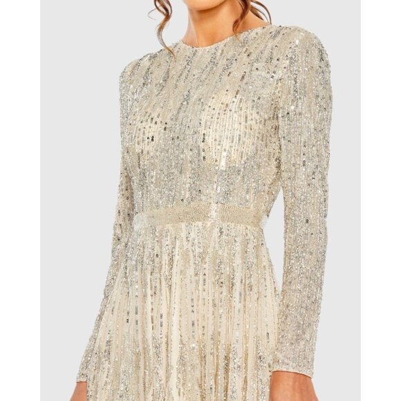 Mac Duggal Size 8 5923 Nude Silver Long Sleeve Embellished Cocktail Dress $498 - Picture 2 of 16